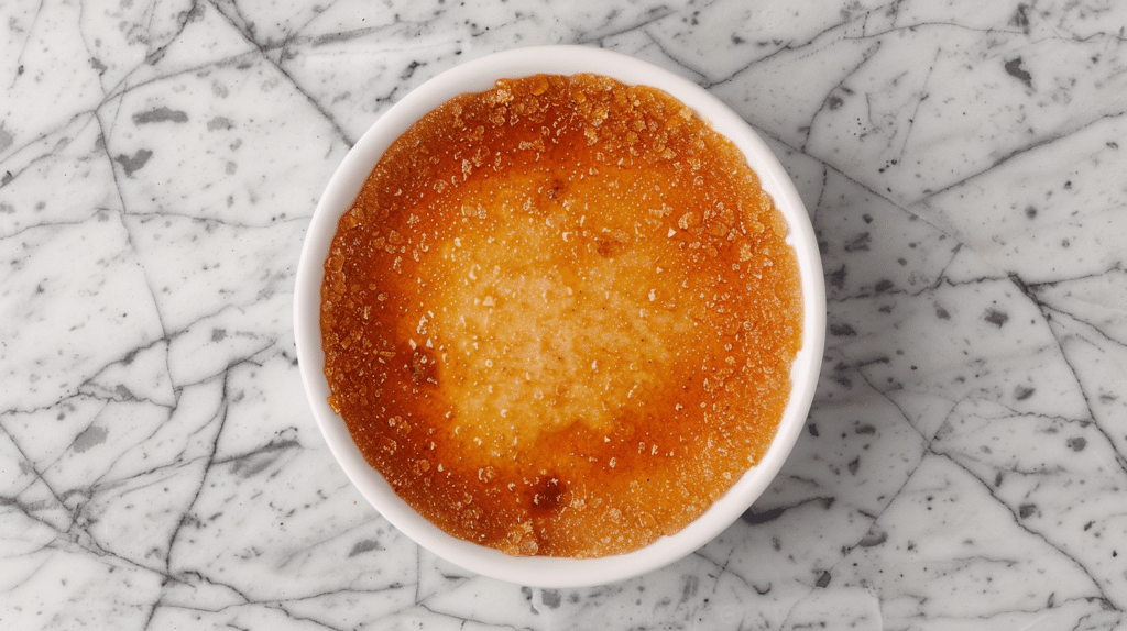 A freshly caramelized crème brûlée with a rich golden-brown sugar crust, served in a white ceramic dish on a marble background.
