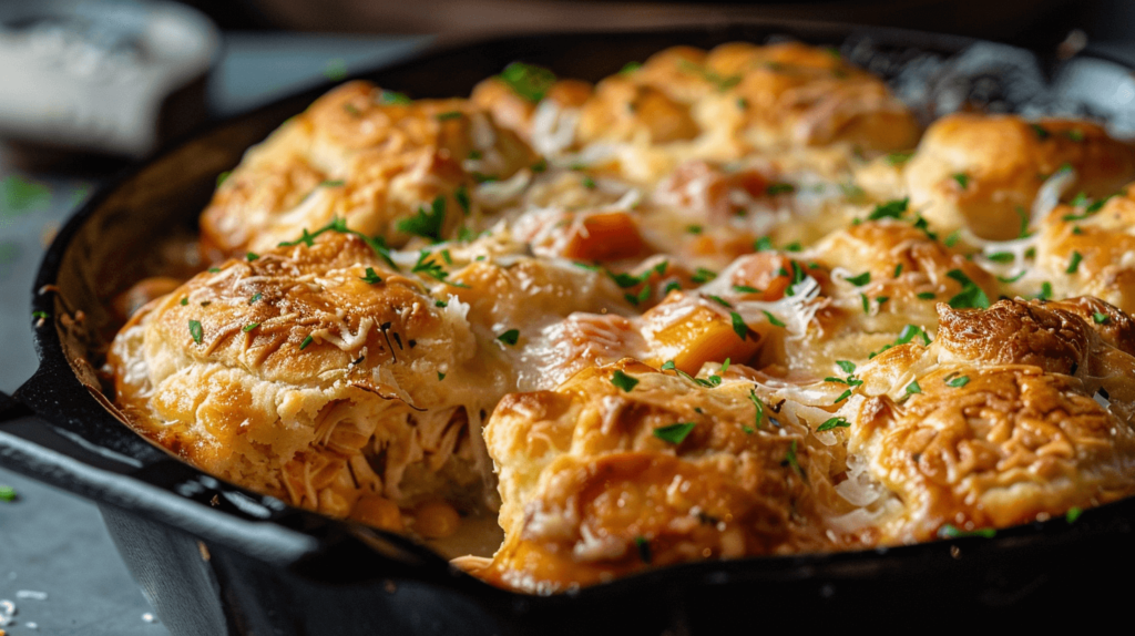 A close-up view of a freshly baked chicken cobbler in a cast-iron skillet, topped with golden, flaky biscuits, melted cheese, and sprinkled with fresh parsley.