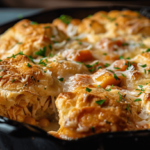 A close-up view of a freshly baked chicken cobbler in a cast-iron skillet, topped with golden, flaky biscuits, melted cheese, and sprinkled with fresh parsley.