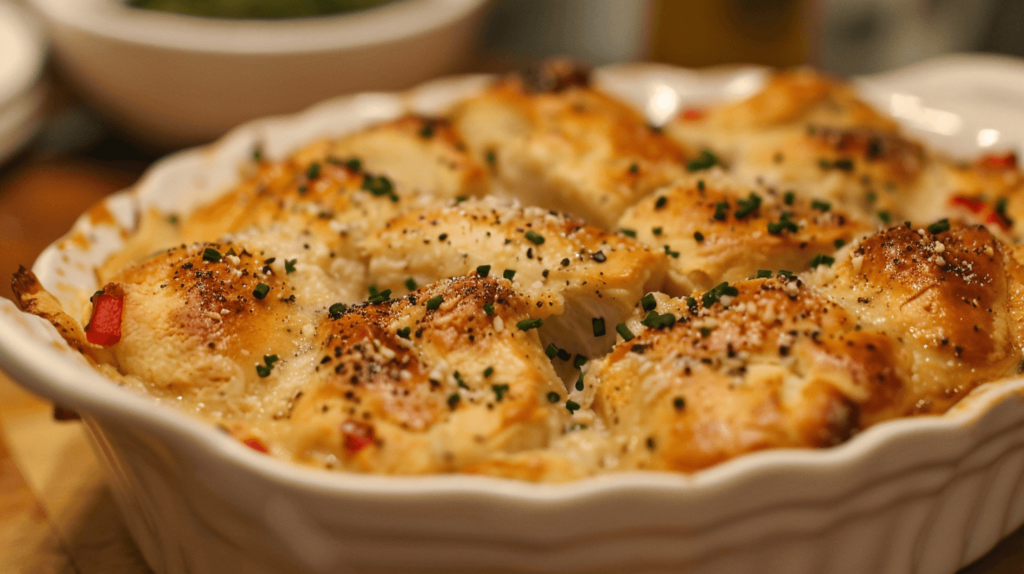 A close-up view of a savory chicken cobbler in a white baking dish, topped with golden-brown biscuits sprinkled with poppy seeds and chopped chives, highlighting a rich, creamy filling with visible pieces of chicken and red peppers.