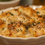 A close-up view of a savory chicken cobbler in a white baking dish, topped with golden-brown biscuits sprinkled with poppy seeds and chopped chives, highlighting a rich, creamy filling with visible pieces of chicken and red peppers.