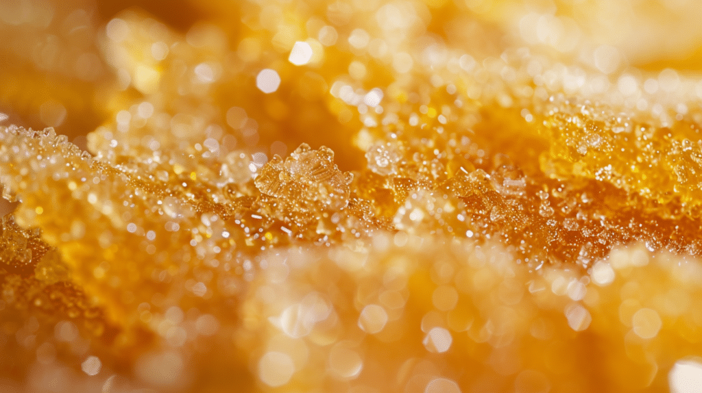 Extreme close-up of caramelized sugar crystals on crème brûlée, showcasing the glistening, amber-colored texture.
